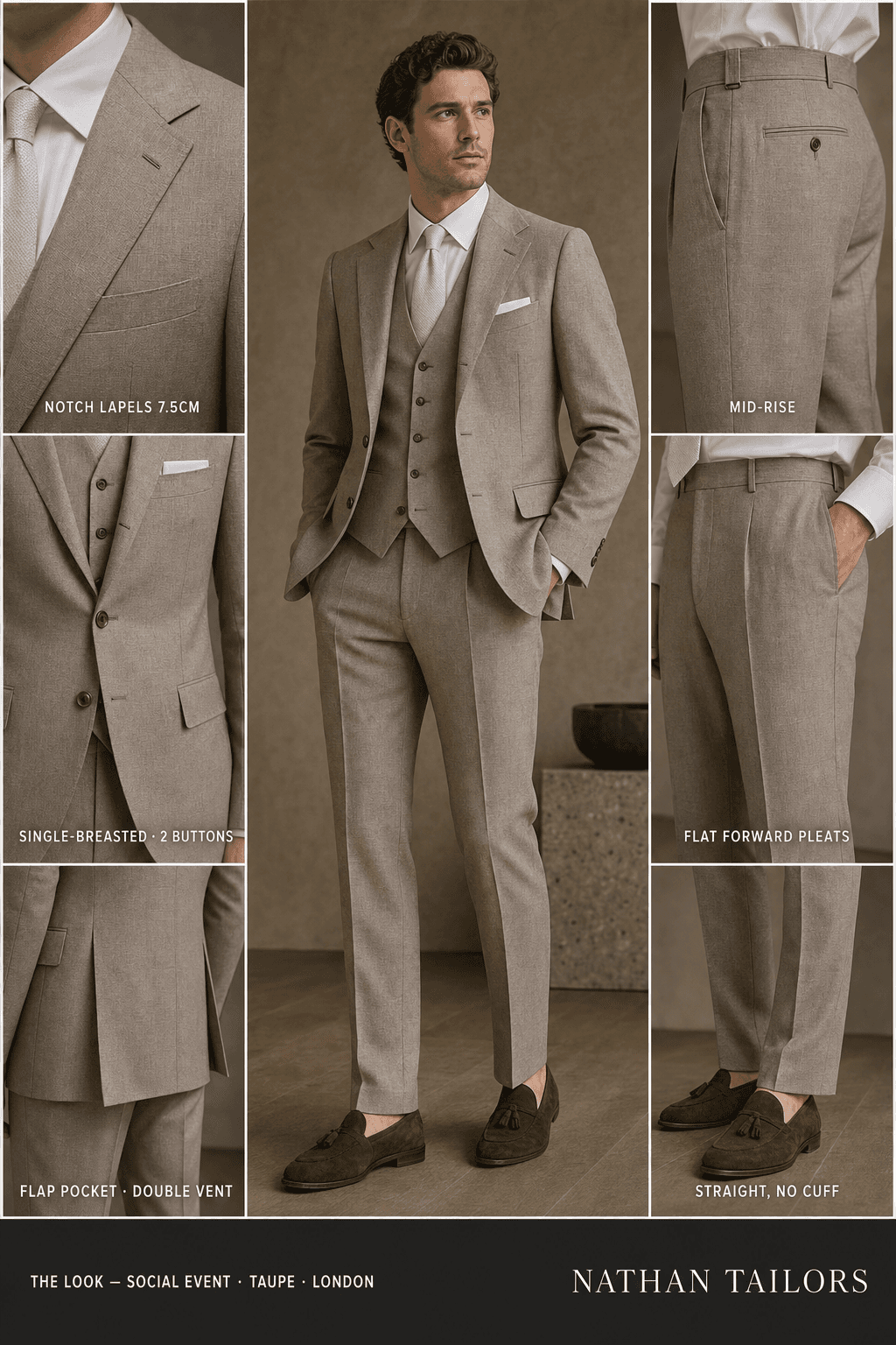 taupe single-breasted bespoke suit — custom tailored by Nathan Tailors, the Hoi An custom tailor