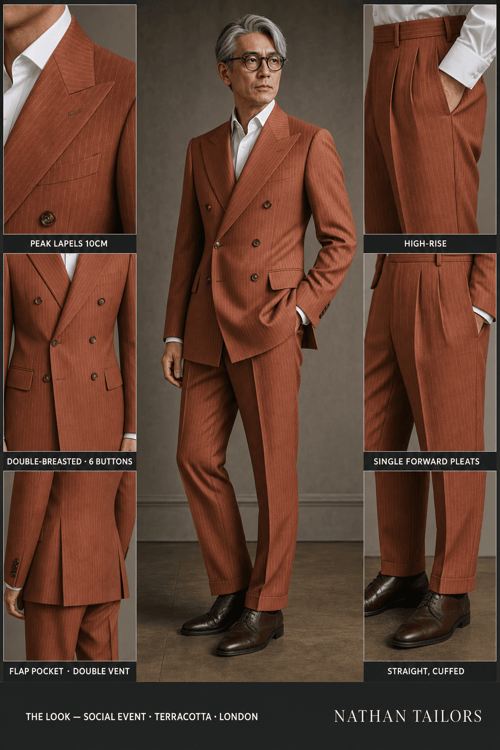 terracotta pinstripe double-breasted bespoke suit — custom tailored by Nathan Tailors, the Hoi An custom tailor