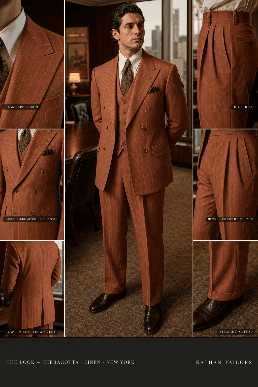 terracotta pinstripe double-breasted bespoke suit — custom tailored by Nathan Tailors, the Hoi An custom tailor