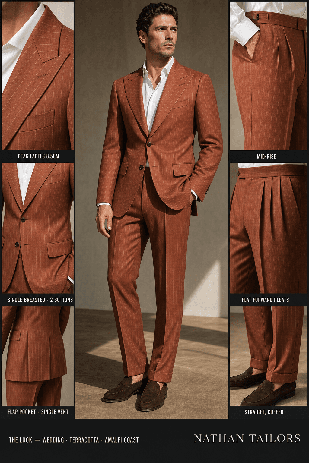 terracotta pinstripe single-breasted bespoke suit — custom tailored by Nathan Tailors, the Hoi An custom tailor