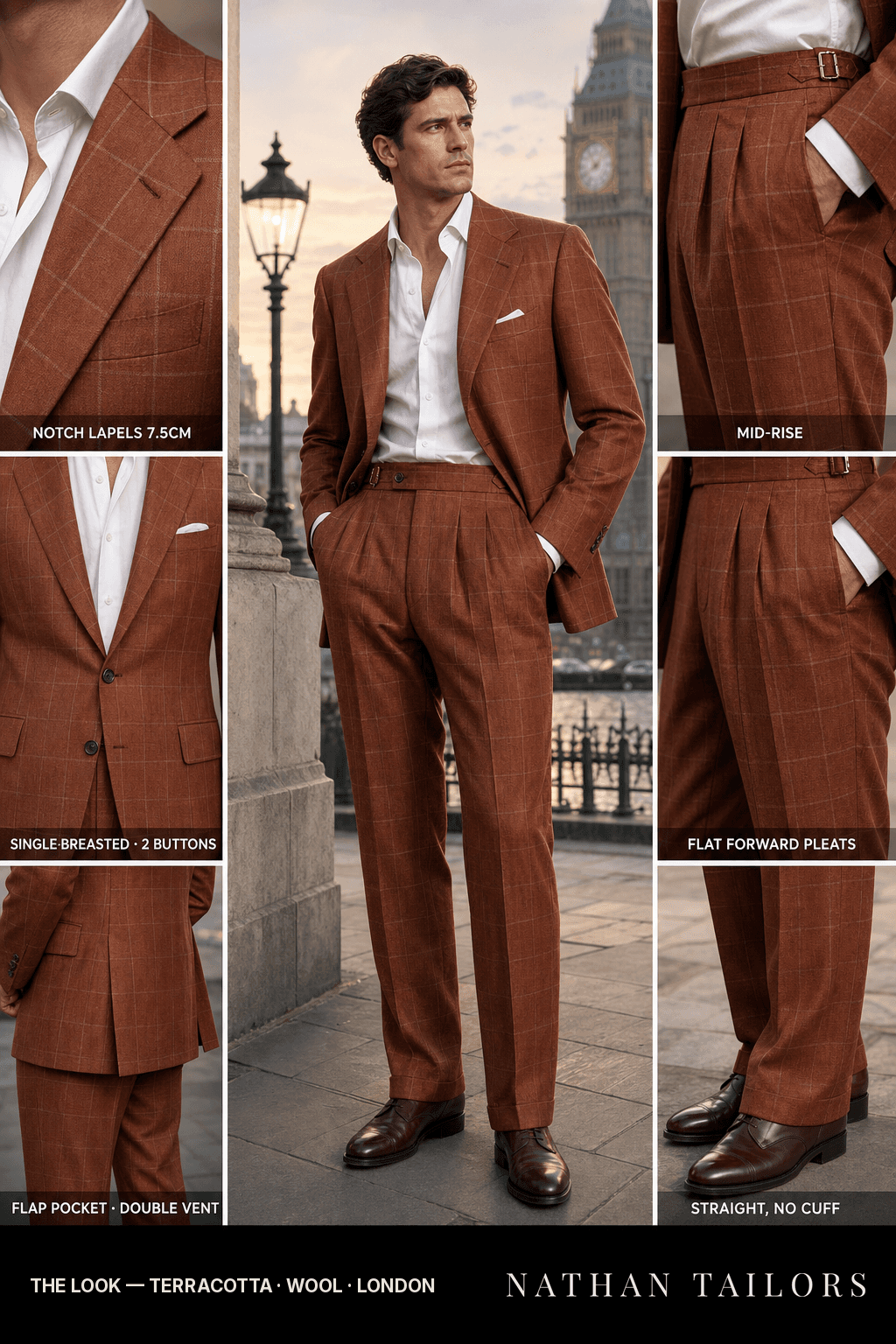 terracotta windowpane single-breasted notch-lapel bespoke suit — AI-rendered by Nathan Tailors, the Hoi An custom tailor. Available as a custom tailored suit from $149.