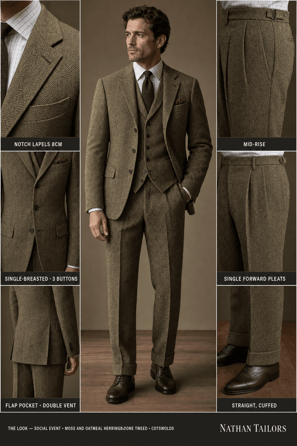 moss and oatmeal herringbone tweed herringbone single-breasted notch-lapel bespoke suit — AI-rendered by Nathan Tailors, the Hoi An custom tailor. Available as a custom tailored suit from $129.