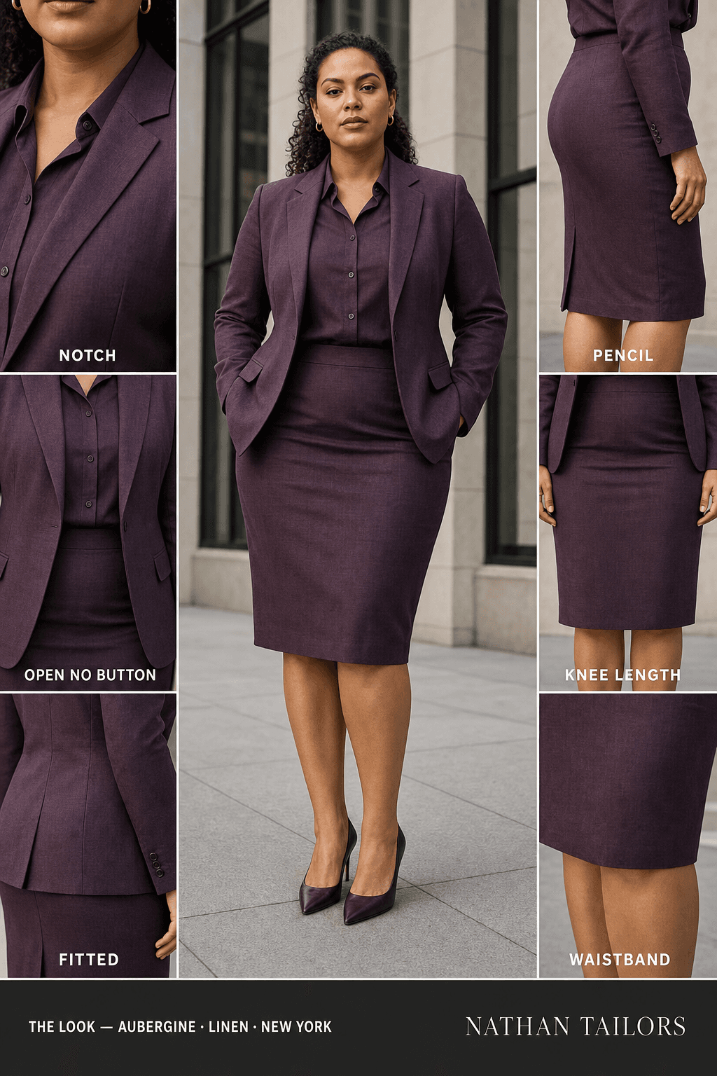 Women's suit in aubergine — custom tailored by Nathan Tailors, shipped worldwide