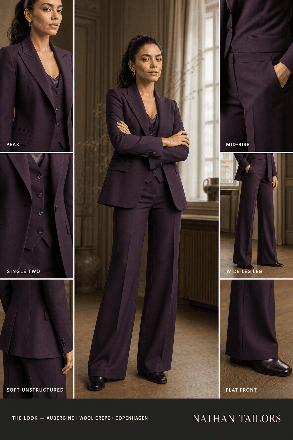 soft unstructured women's pant suit in aubergine — AI-rendered by Nathan Tailors, made to measure for women and shipped worldwide.