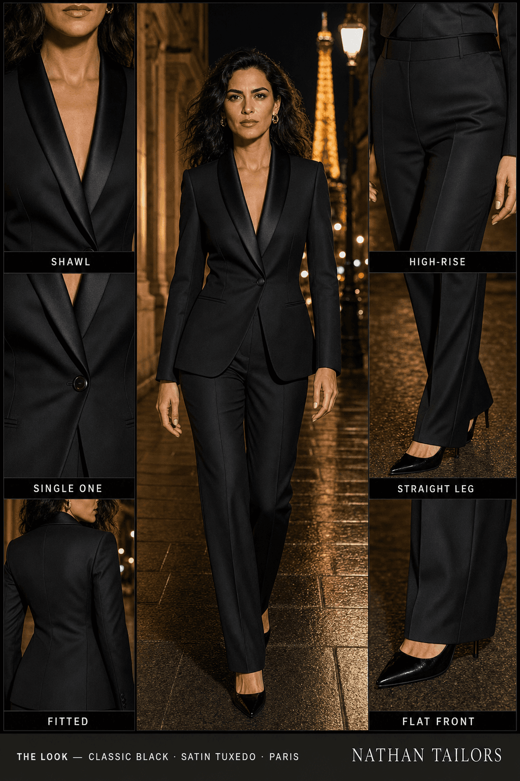 fitted women's pant suit in classic black — AI-rendered by Nathan Tailors, made to measure for women and shipped worldwide.