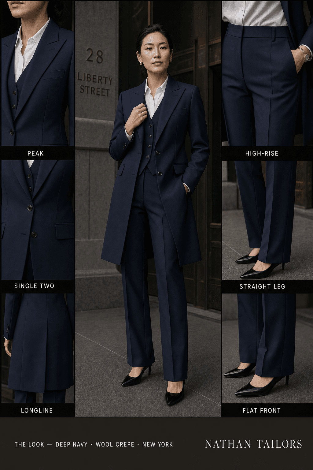 longline women's pant suit in deep navy — AI-rendered by Nathan Tailors, made to measure for women and shipped worldwide.