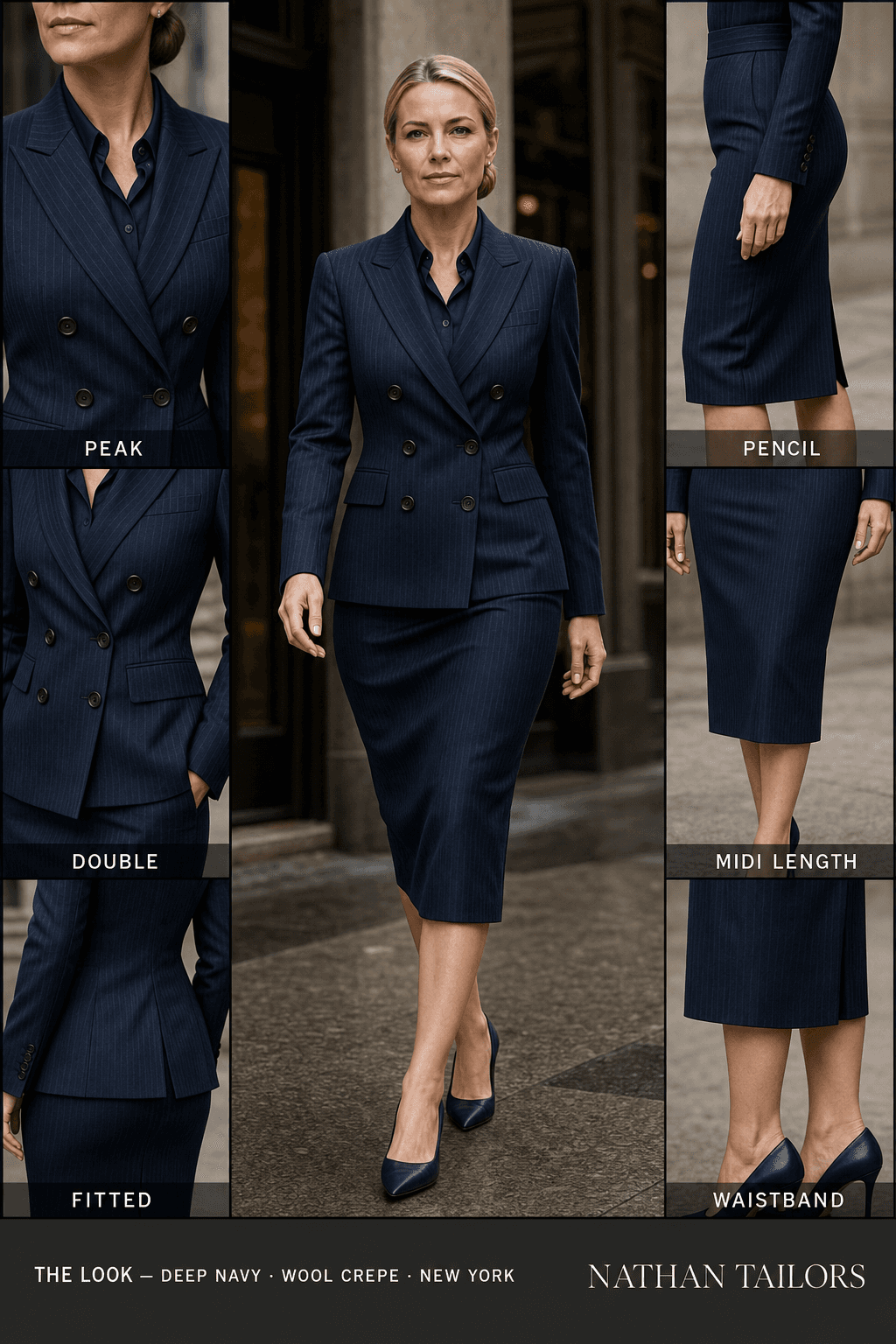 fitted pinstripe women's skirt suit in deep navy — AI-rendered by Nathan Tailors, made to measure for women and shipped worldwide.