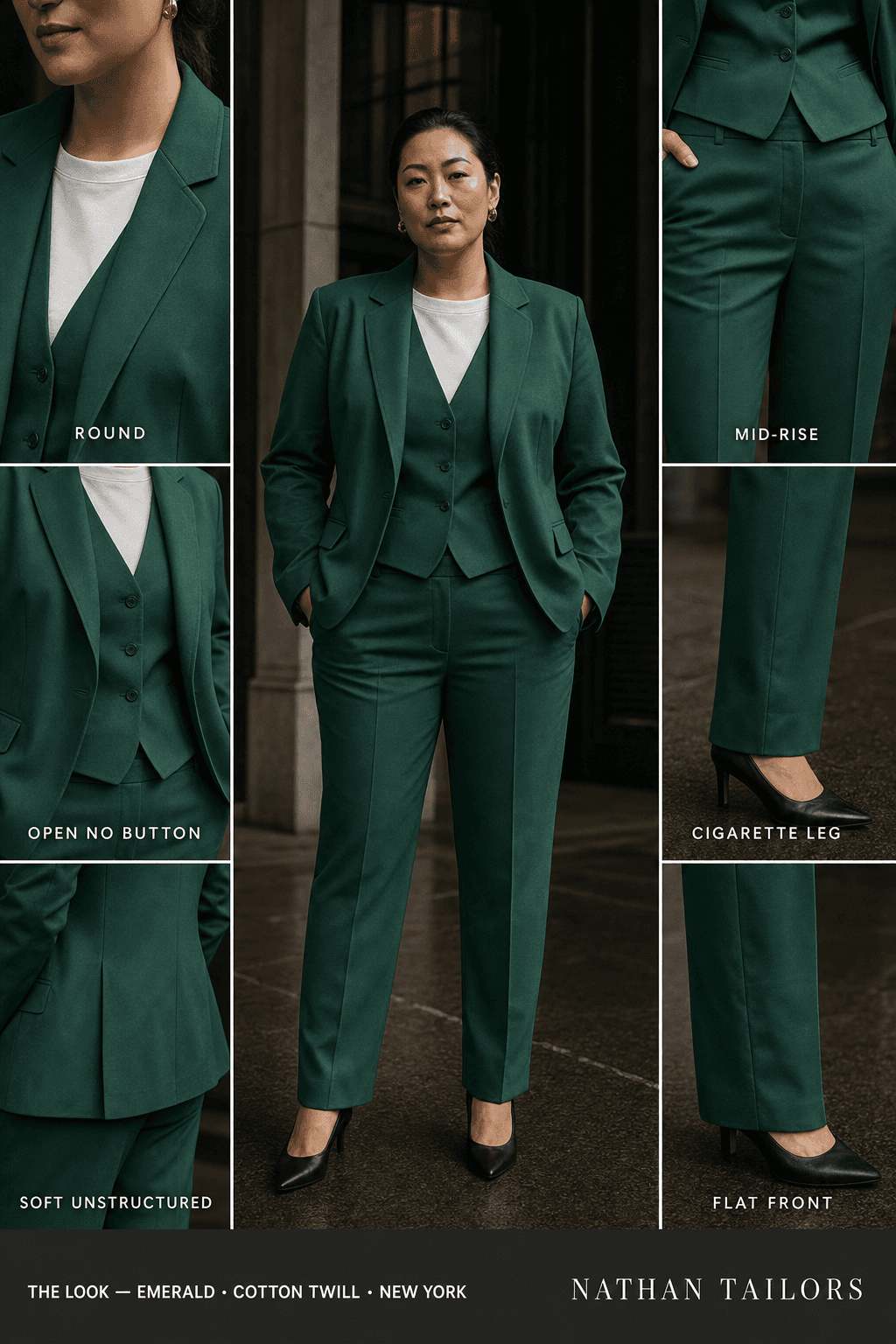 soft unstructured women's pant suit in emerald — AI-rendered by Nathan Tailors, made to measure for women and shipped worldwide.