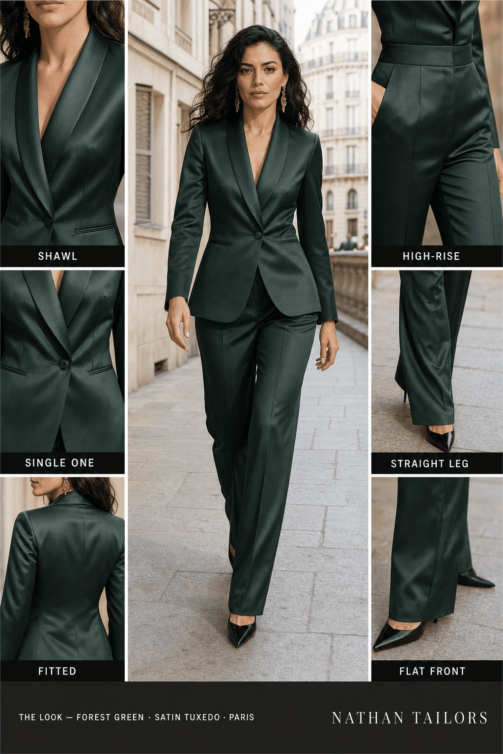 Women's suit in forest green — custom tailored by Nathan Tailors, shipped worldwide