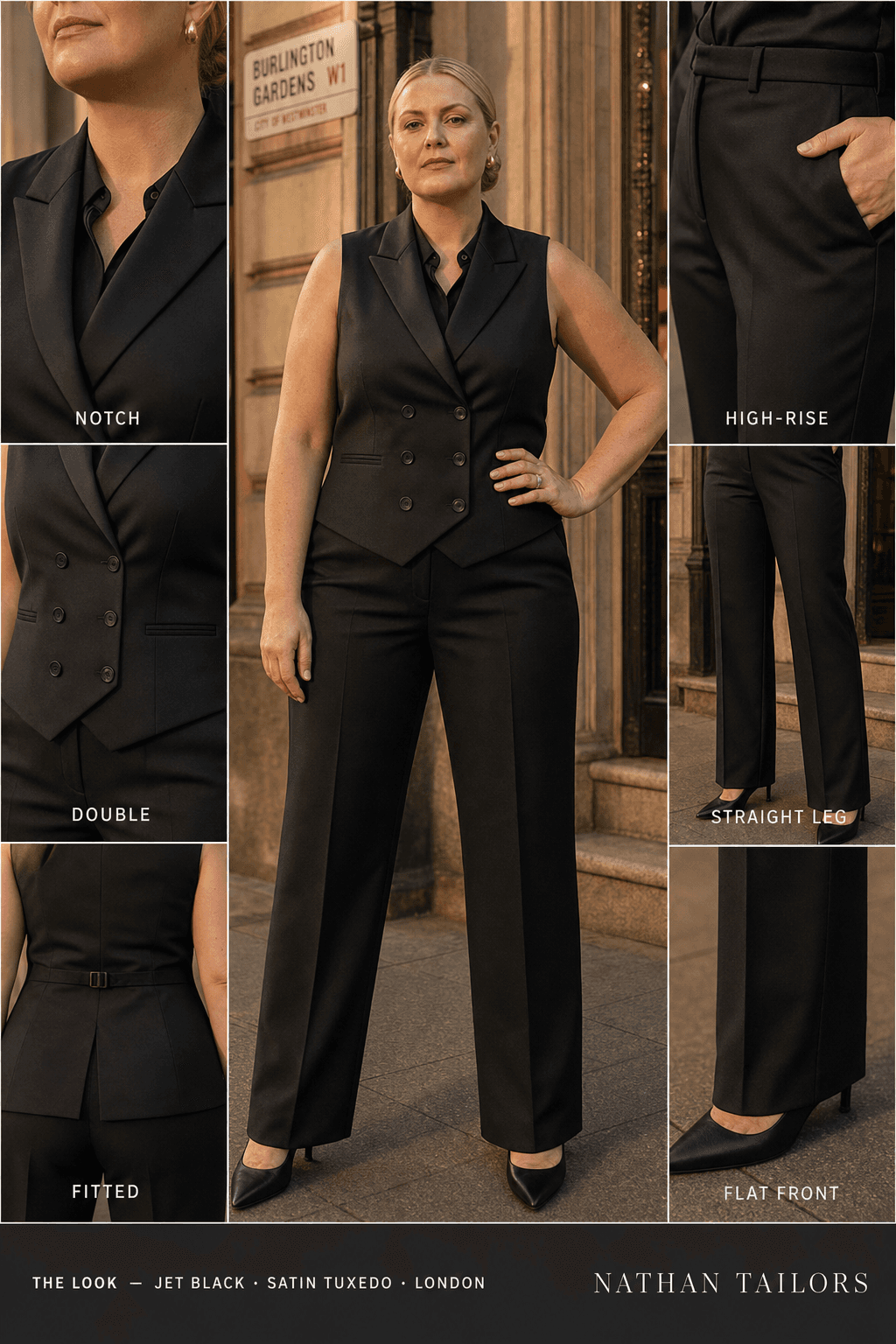 Women's suit in jet black — custom tailored by Nathan Tailors, shipped worldwide