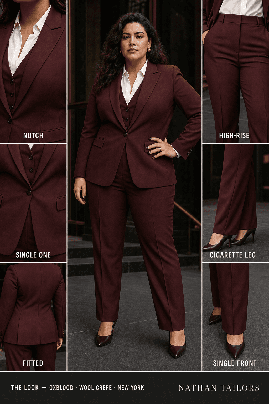 fitted women's pant suit in oxblood — AI-rendered by Nathan Tailors, made to measure for women and shipped worldwide.