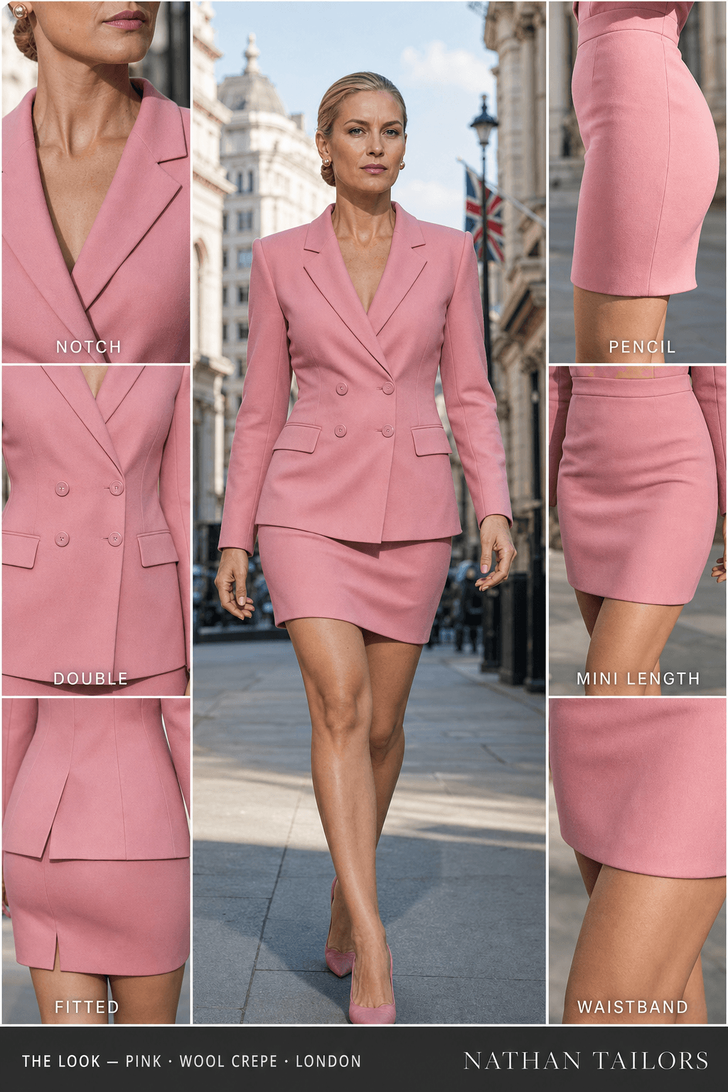 Women's suit in pink — custom tailored by Nathan Tailors, shipped worldwide