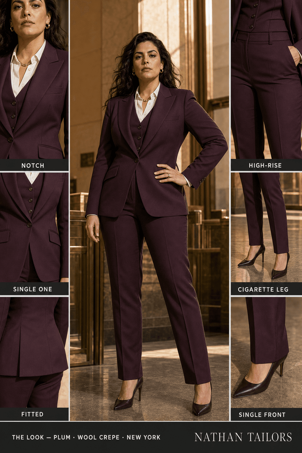 Women's suit in plum — custom tailored by Nathan Tailors, shipped worldwide