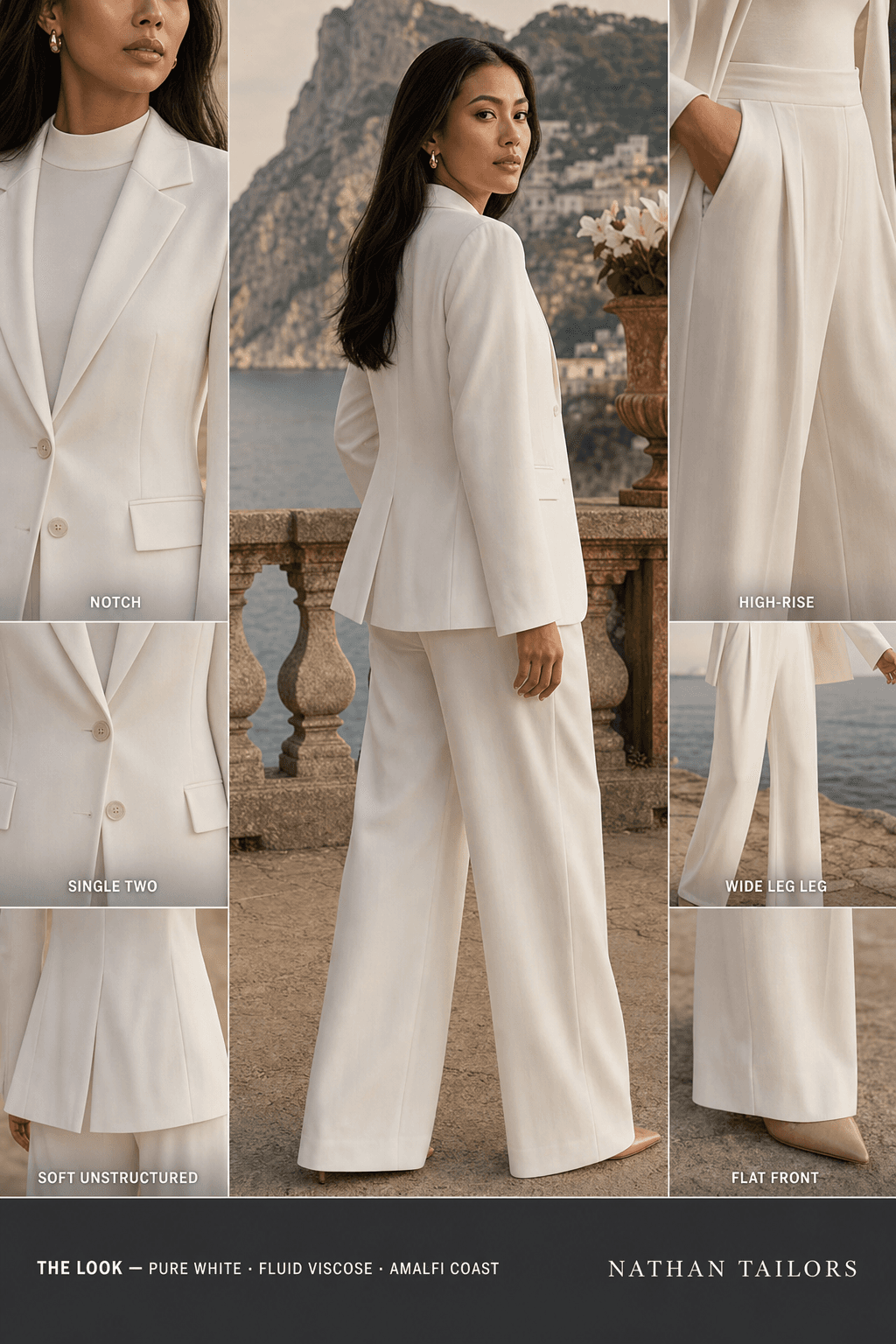 soft unstructured women's pant suit in pure white — AI-rendered by Nathan Tailors, made to measure for women and shipped worldwide.