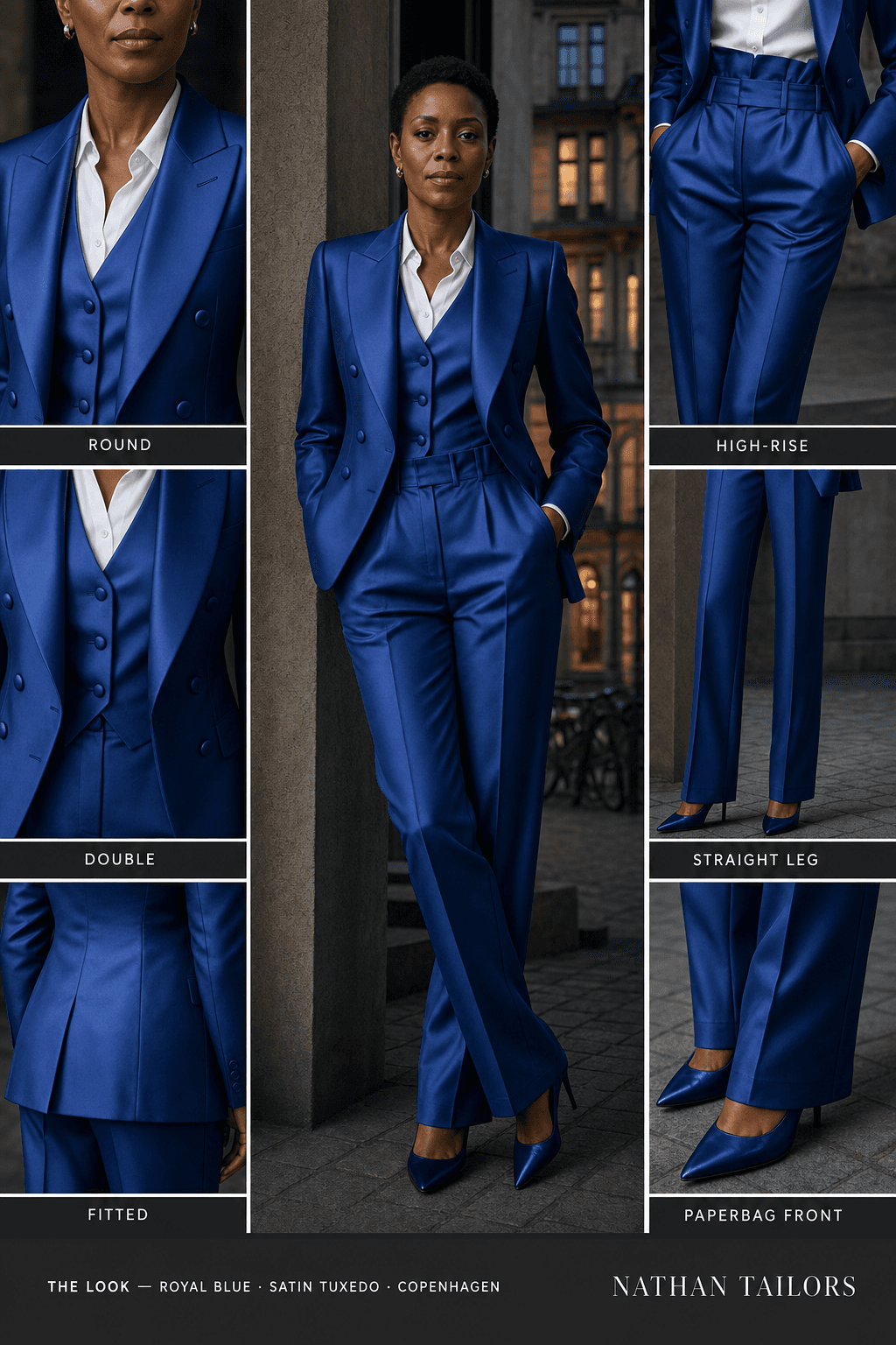 fitted women's pant suit in royal blue — AI-rendered by Nathan Tailors, made to measure for women and shipped worldwide.