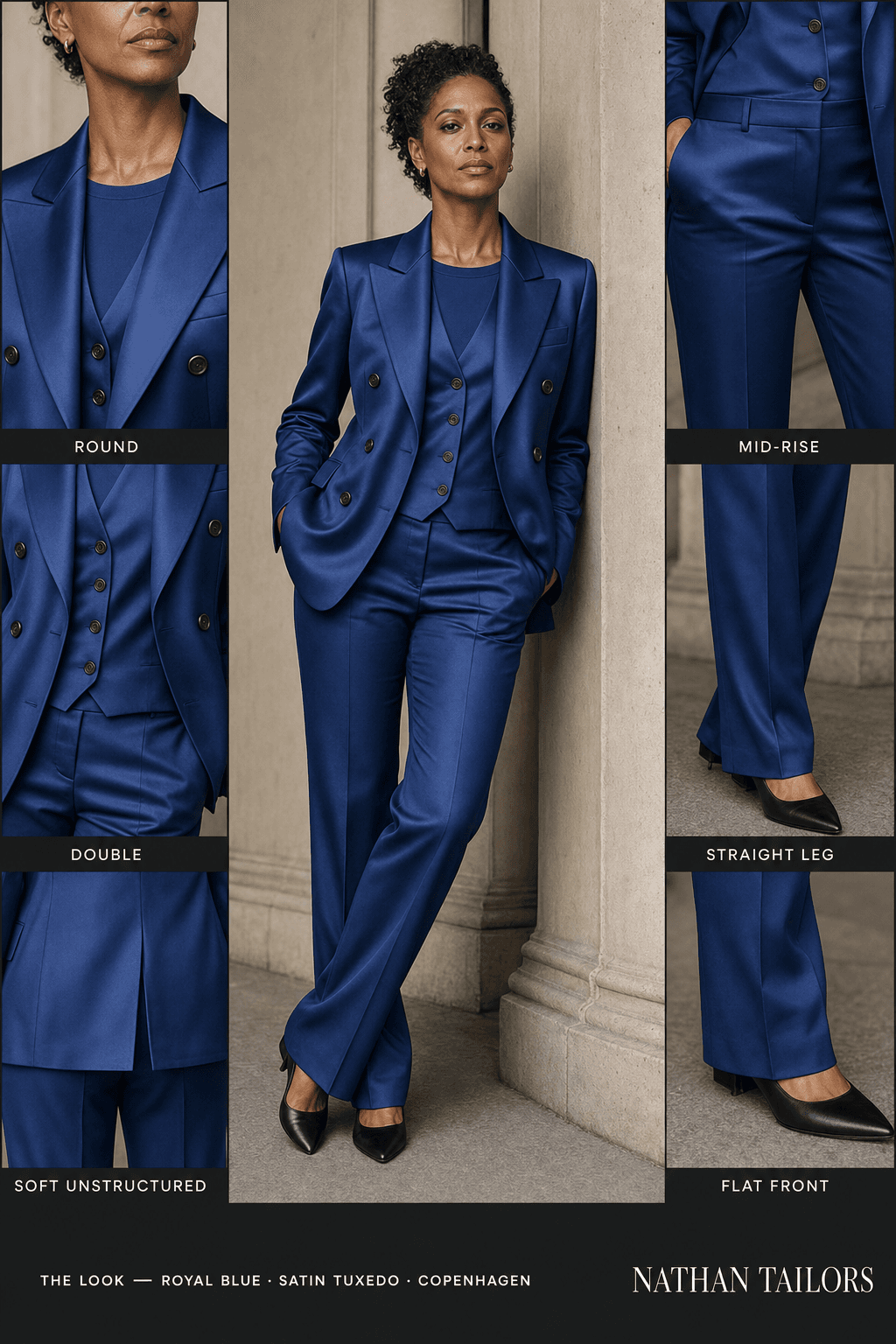 Women's suit in royal blue — custom tailored by Nathan Tailors, shipped worldwide