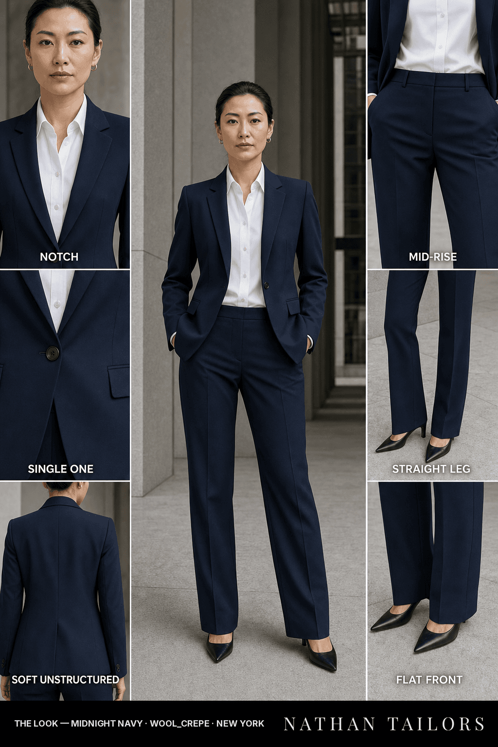 soft unstructured women's pant suit in midnight navy — AI-rendered by Nathan Tailors, made to measure for women and shipped worldwide.