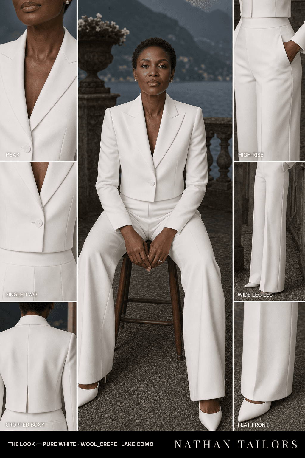 cropped boxy women's pant suit in pure white — AI-rendered by Nathan Tailors, made to measure for women and shipped worldwide.