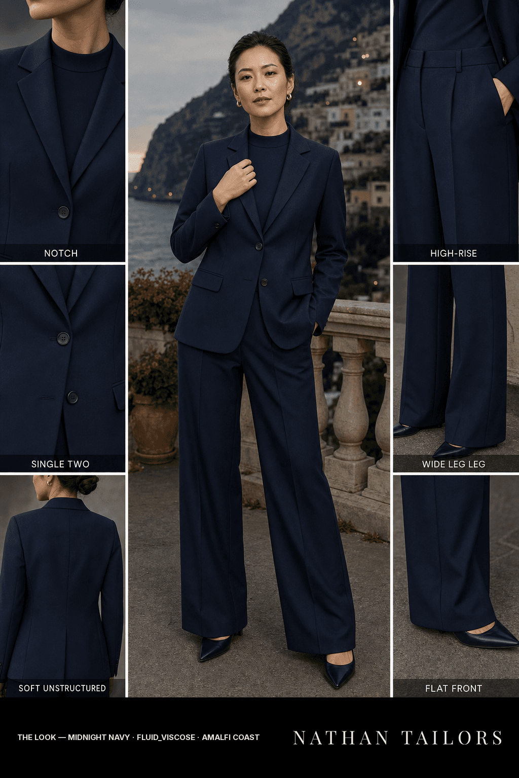 soft unstructured women's pant suit in midnight navy — AI-rendered by Nathan Tailors, made to measure for women and shipped worldwide.