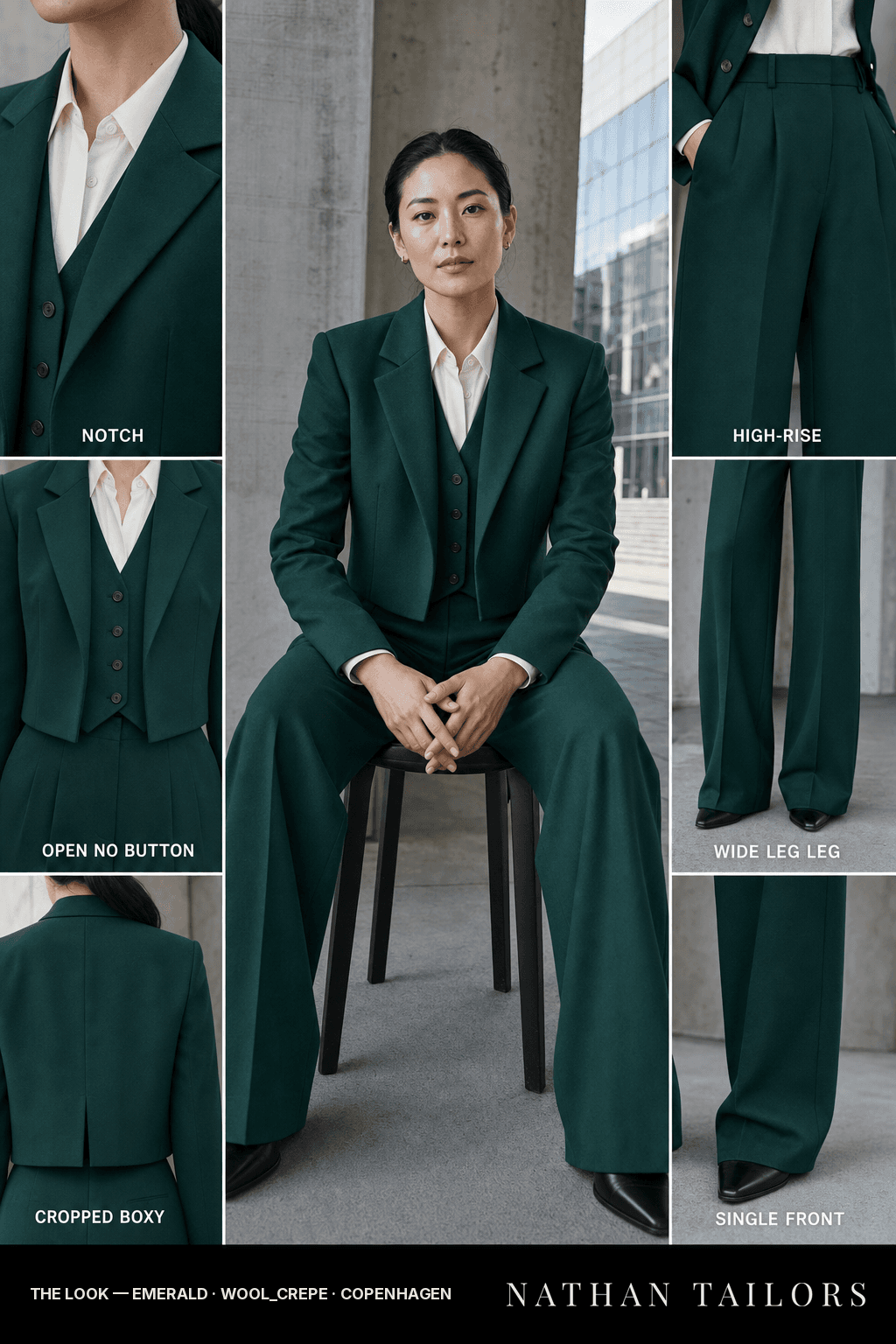 Women's suit in emerald — custom tailored by Nathan Tailors, shipped worldwide