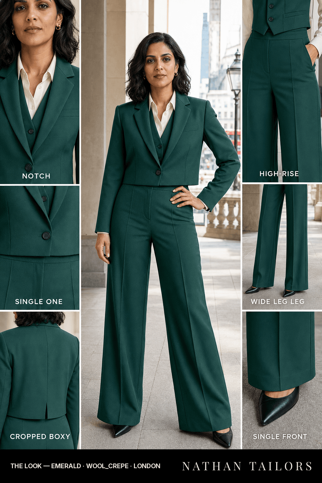 Women's suit in emerald — custom tailored by Nathan Tailors, shipped worldwide