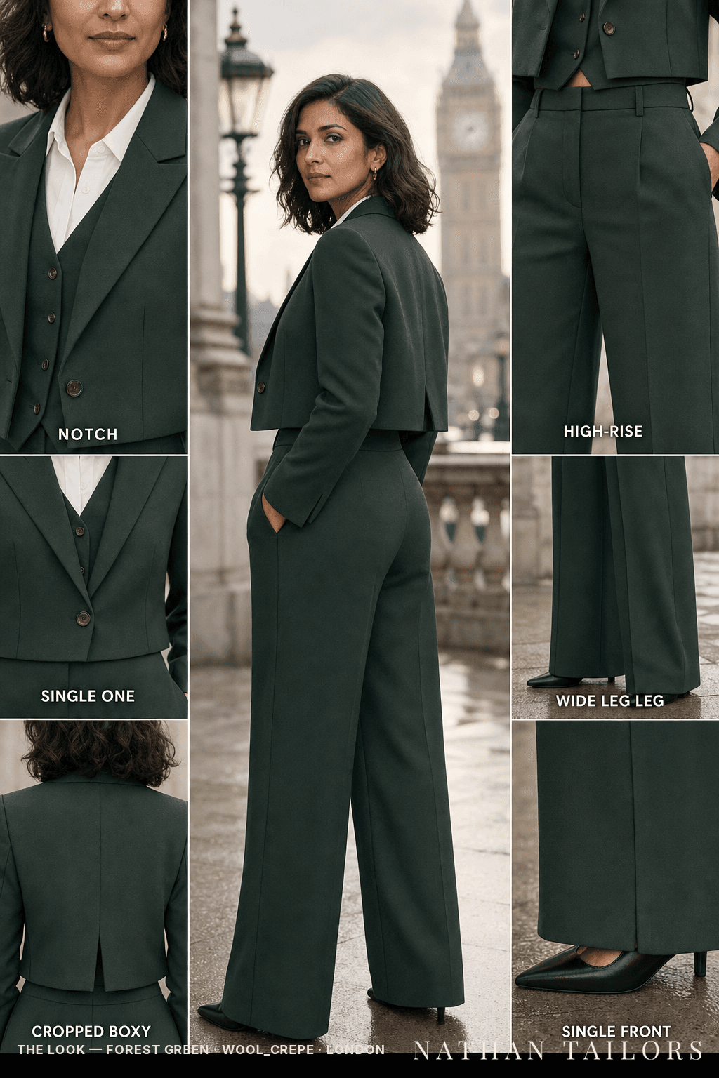 Women's suit in forest green — custom tailored by Nathan Tailors, shipped worldwide