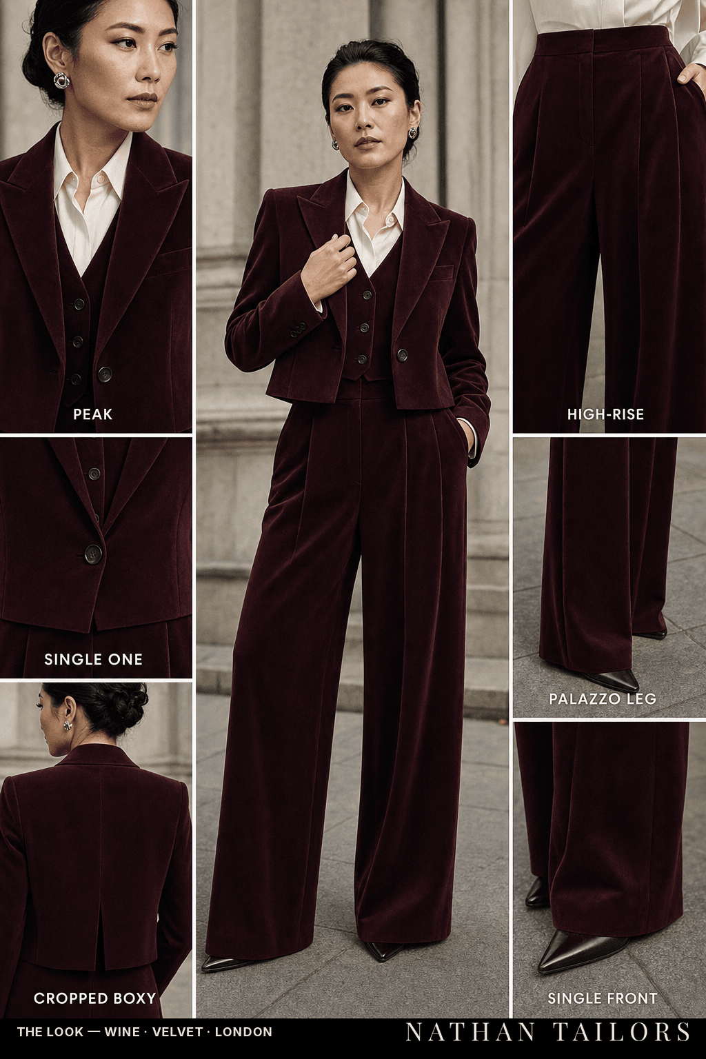 cropped boxy women's pant suit in wine — AI-rendered by Nathan Tailors, made to measure for women and shipped worldwide.