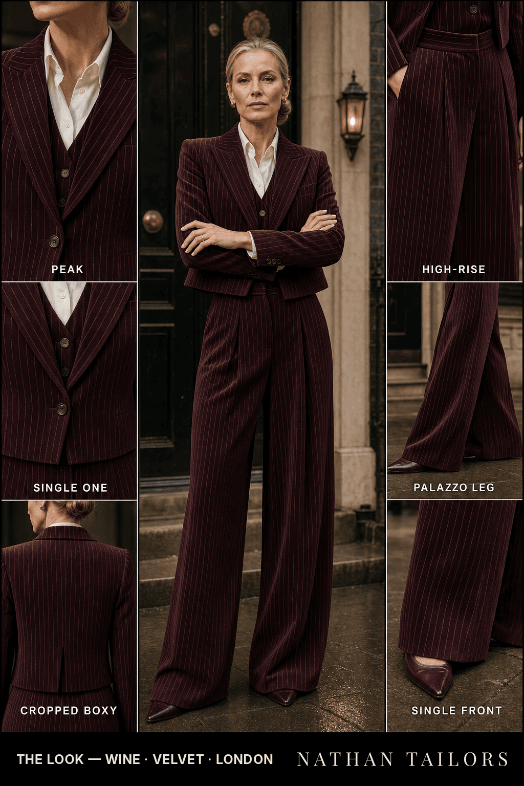 Women's suit in wine pinstripe — custom tailored by Nathan Tailors, shipped worldwide