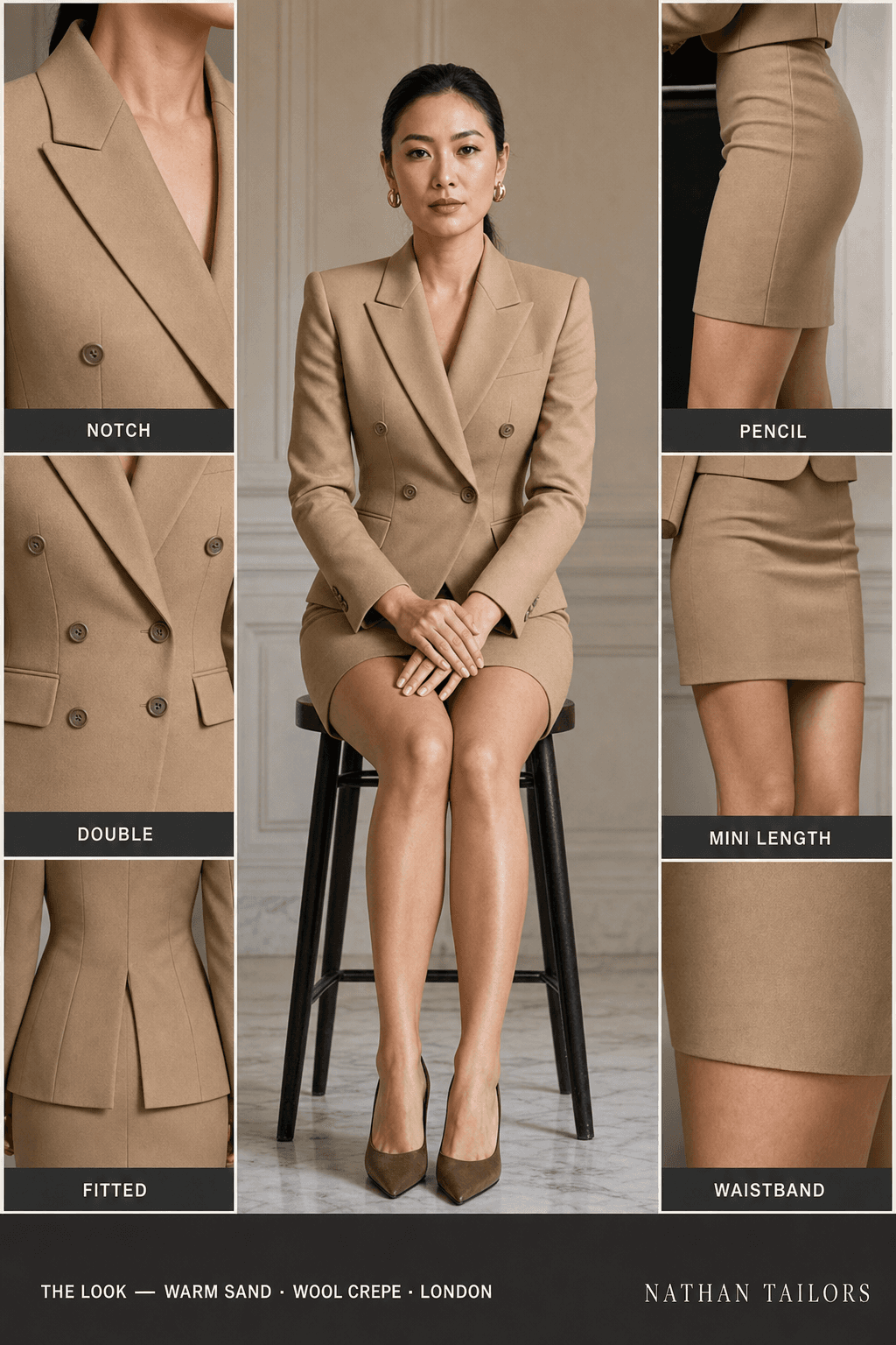 Women's suit in warm sand — custom tailored by Nathan Tailors, shipped worldwide
