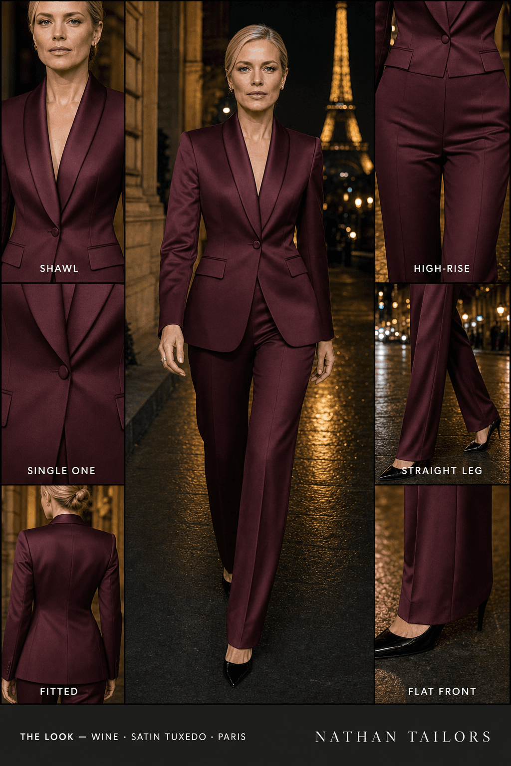 Women's suit in wine — custom tailored by Nathan Tailors, shipped worldwide