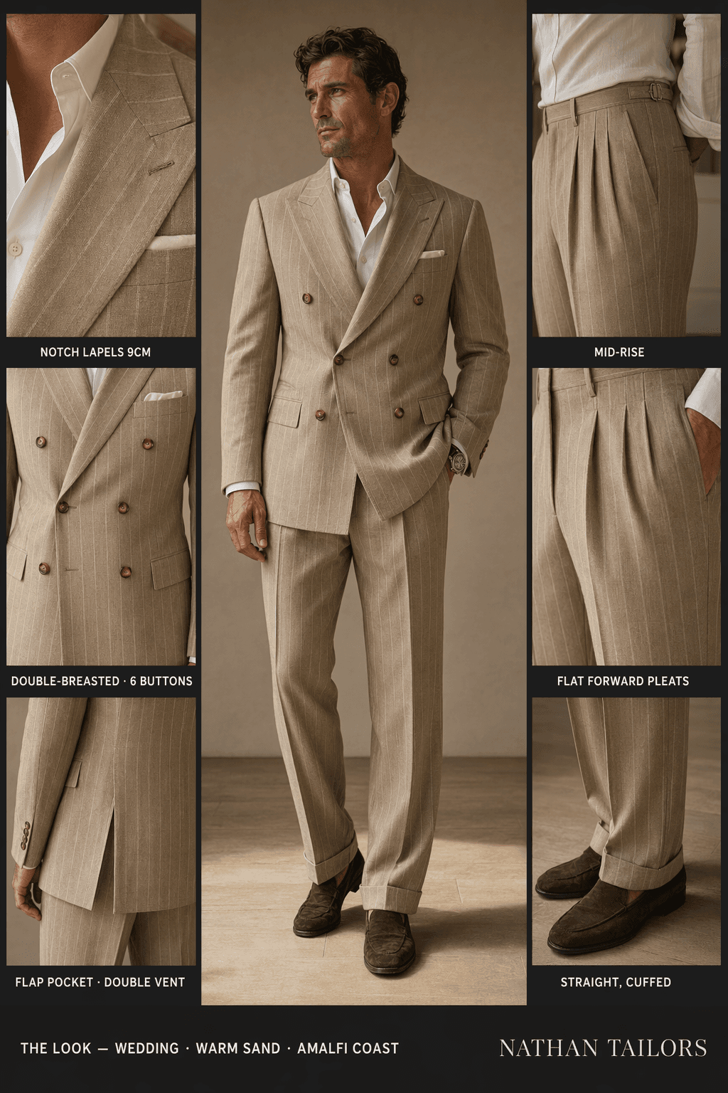 warm sand double-breasted suit — Nathan Tailors Hoi An tailor Atelier render