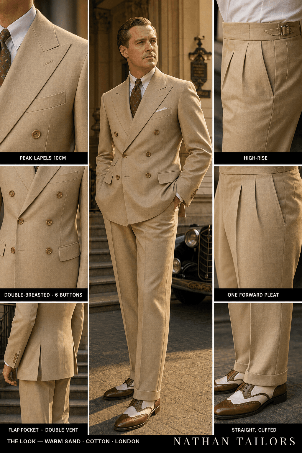 warm sand double-breasted peak-lapel bespoke suit — AI-rendered by Nathan Tailors, the Hoi An custom tailor. Available as a custom tailored suit from $149.