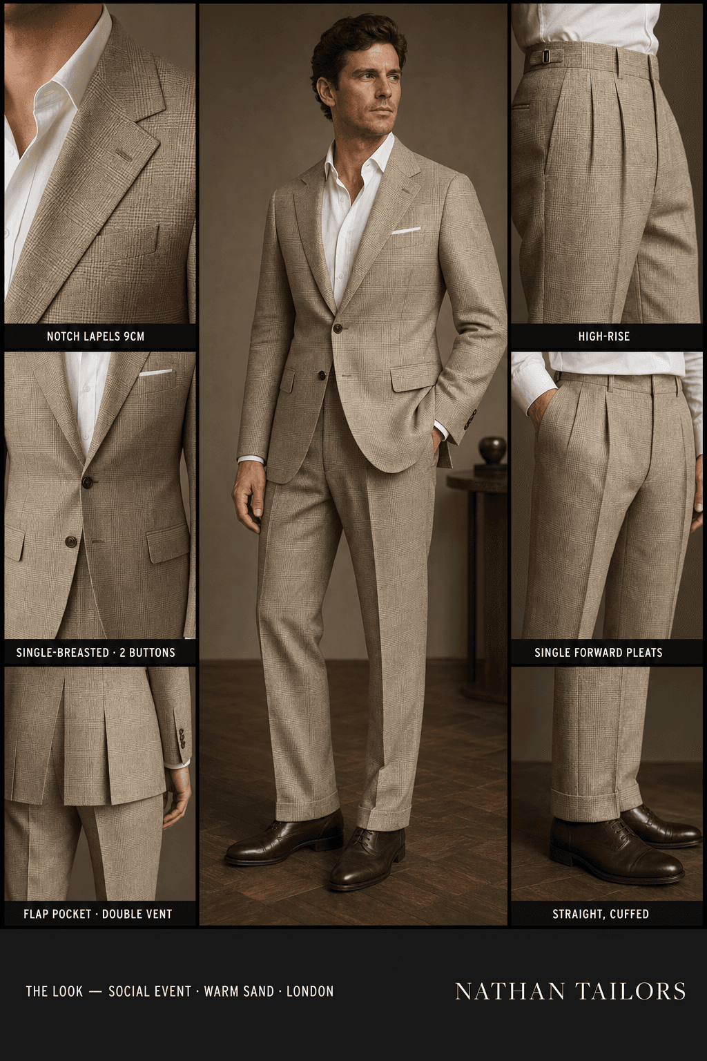 warm sand glen plaid single-breasted notch-lapel bespoke suit — AI-rendered by Nathan Tailors, the Hoi An custom tailor. Available as a custom tailored suit from $129.