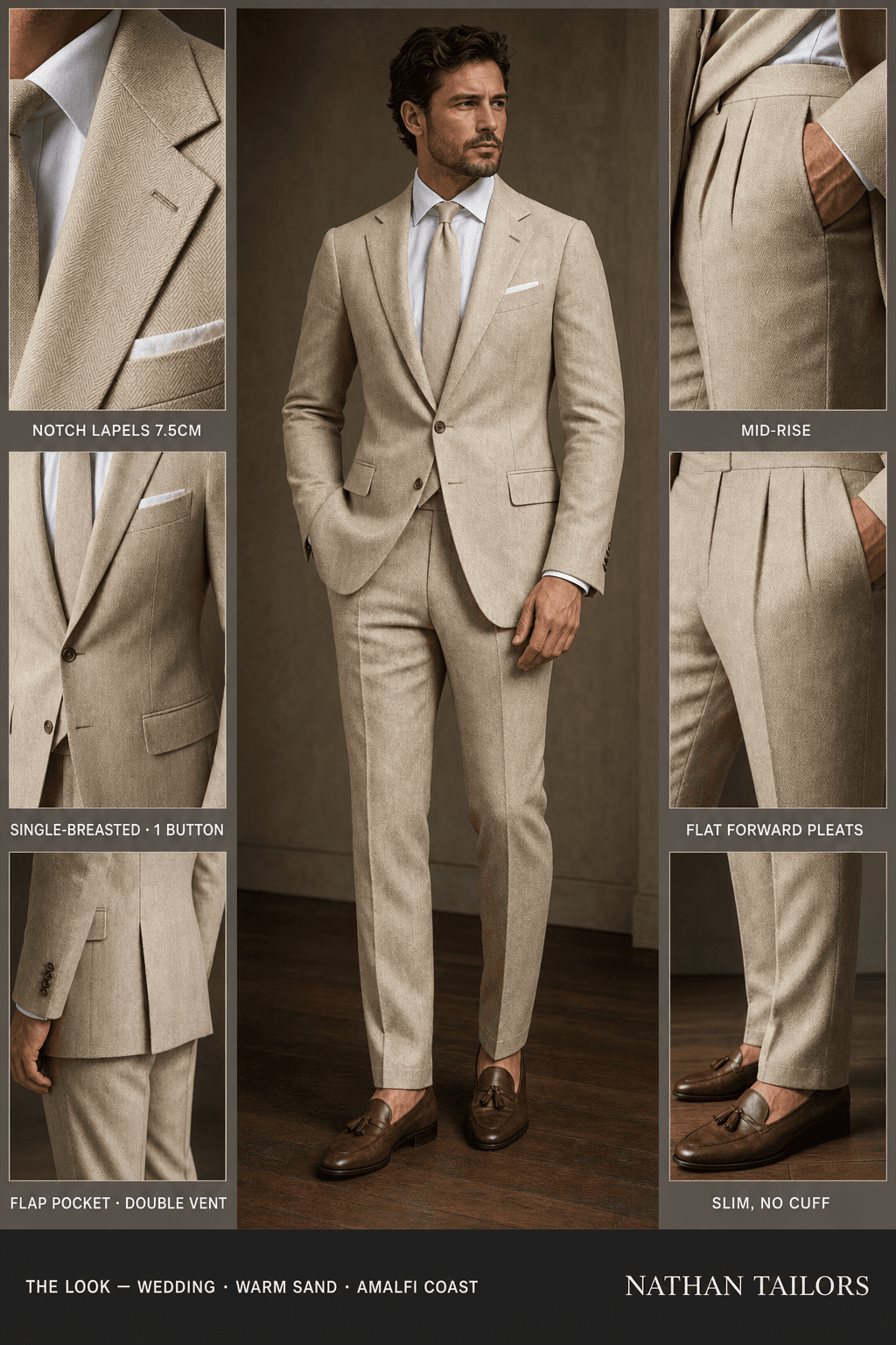 warm sand herringbone single-breasted bespoke suit — custom tailored by Nathan Tailors, the Hoi An custom tailor