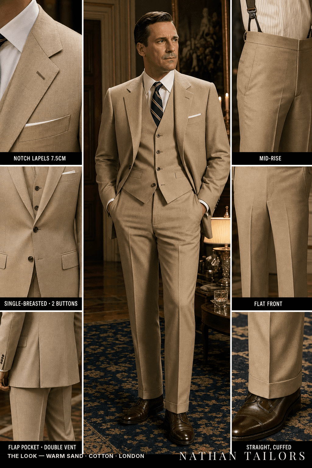 warm sand single-breasted notch-lapel bespoke suit — AI-rendered by Nathan Tailors, the Hoi An custom tailor. Available as a custom tailored suit from $149.