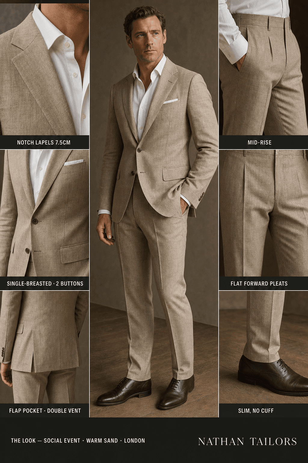 warm sand single-breasted bespoke suit — custom tailored by Nathan Tailors, the Hoi An custom tailor