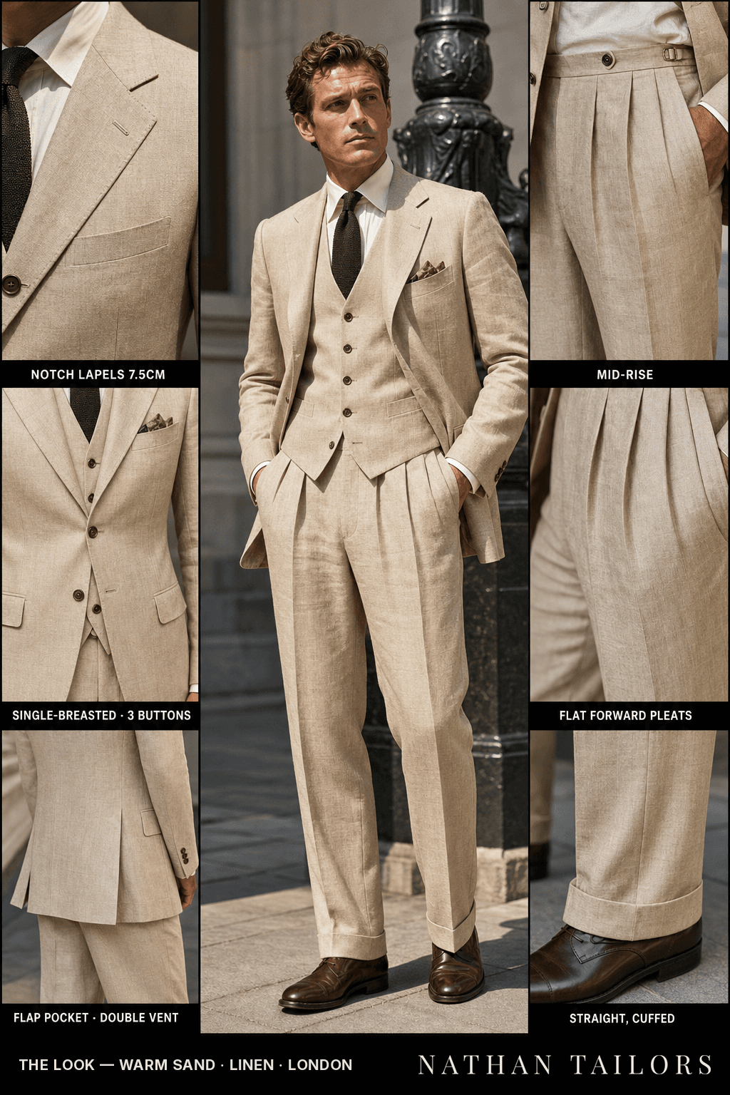 warm sand single-breasted bespoke suit — custom tailored by Nathan Tailors, the Hoi An custom tailor