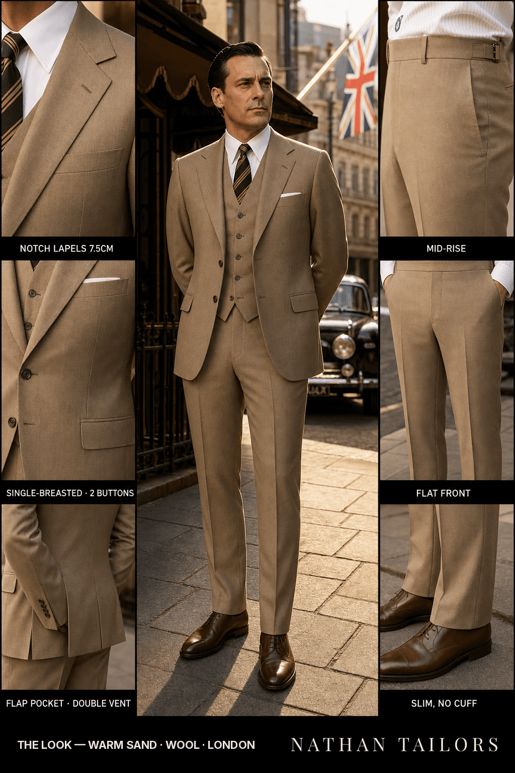 warm sand single-breasted bespoke suit — custom tailored by Nathan Tailors, the Hoi An custom tailor