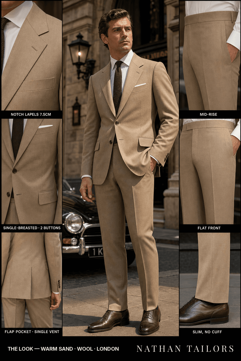 warm sand single-breasted bespoke suit — custom tailored by Nathan Tailors, the Hoi An custom tailor