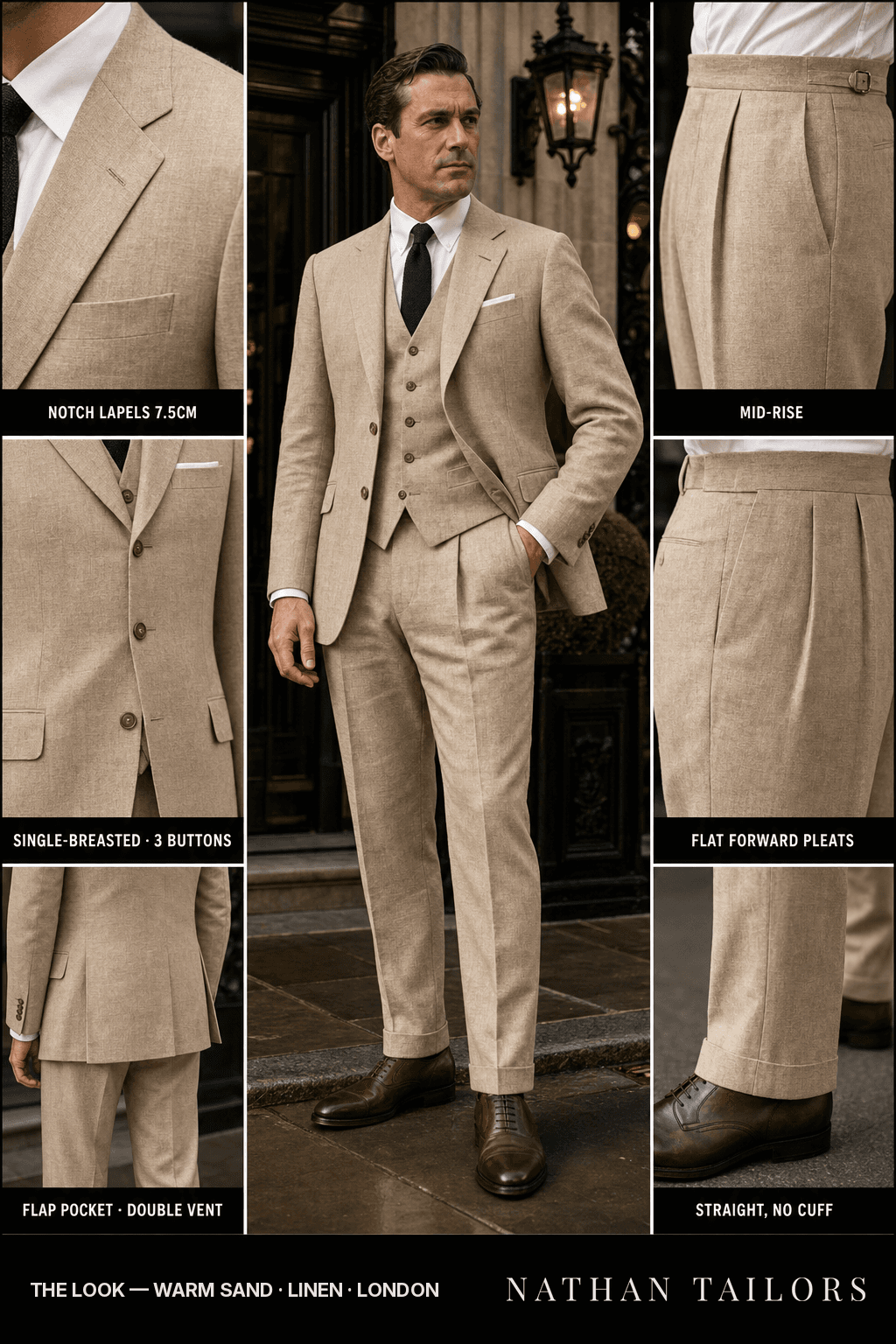 warm sand single-breasted bespoke suit — custom tailored by Nathan Tailors, the Hoi An custom tailor