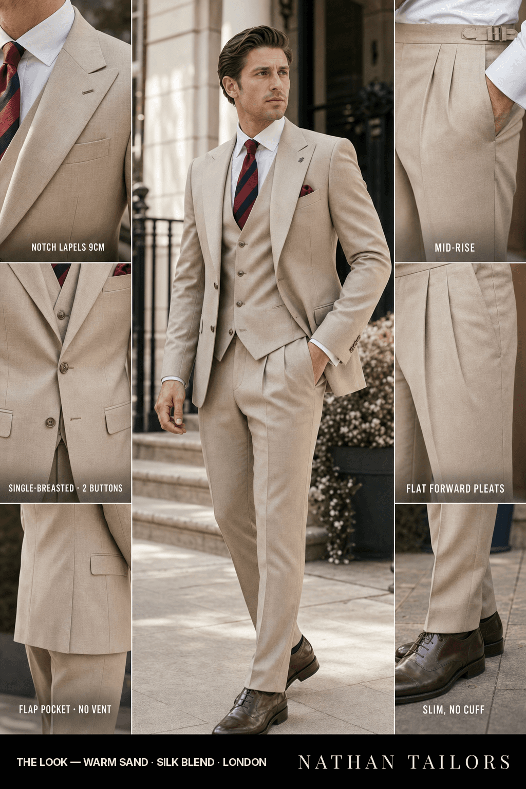 warm sand single-breasted bespoke suit — custom tailored by Nathan Tailors, the Hoi An custom tailor