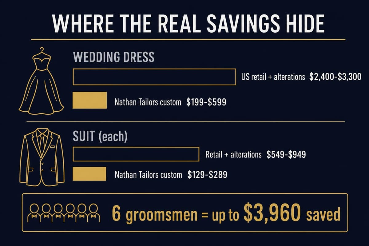 Cost comparison infographic showing US retail wedding dress and suit prices versus Nathan Tailors custom prices and the resulting savings