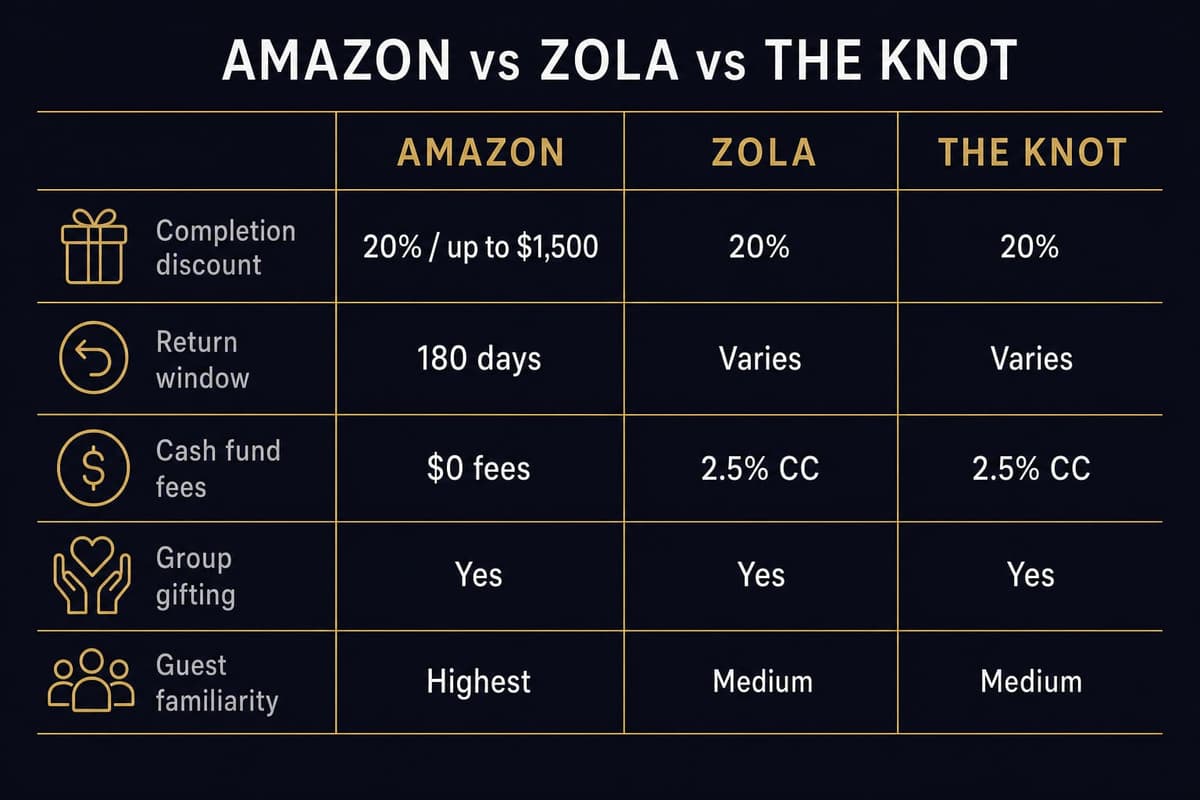 Infographic comparing Amazon, Zola, and The Knot wedding registries across completion discount, return window, cash fund fees, and guest familiarity