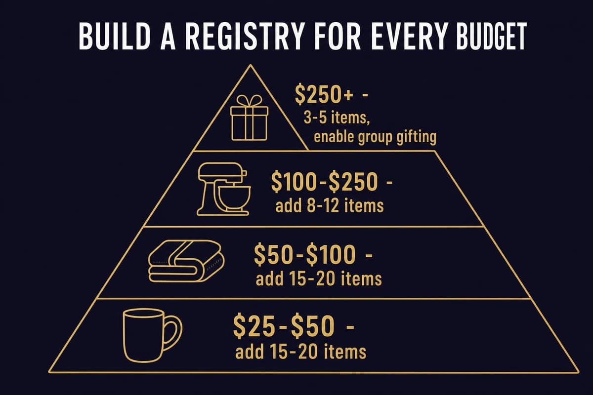 Tiered diagram showing how many registry items to add at each price band, from many under-$50 items up to a few $250-plus group-gift items