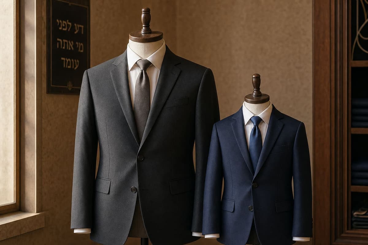 A father's charcoal suit and a smaller son's navy Bar Mitzvah suit on dress forms in soft synagogue-vestibule light