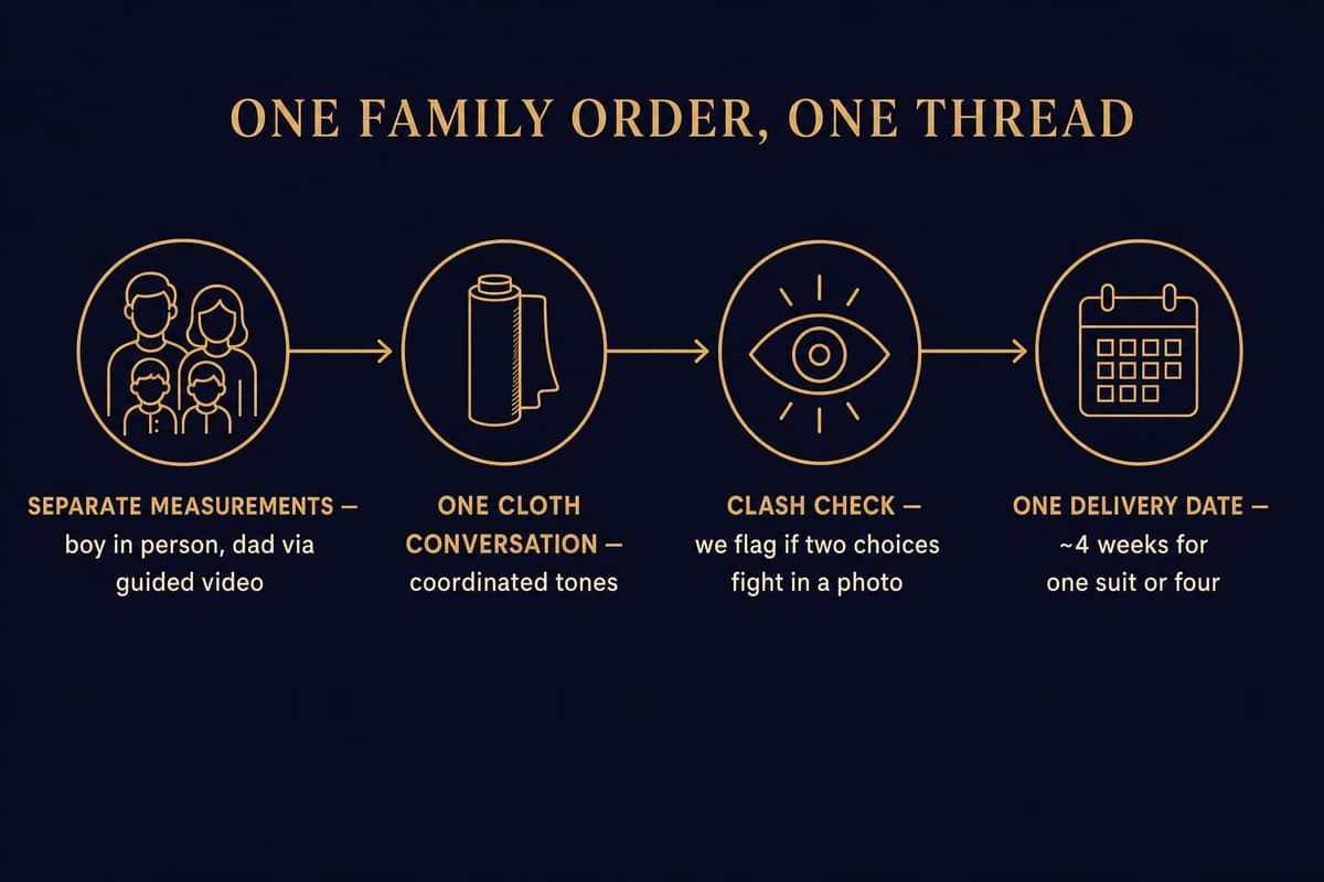 Infographic showing a family suit order run as one project with shared rep, one cloth conversation and a single delivery date