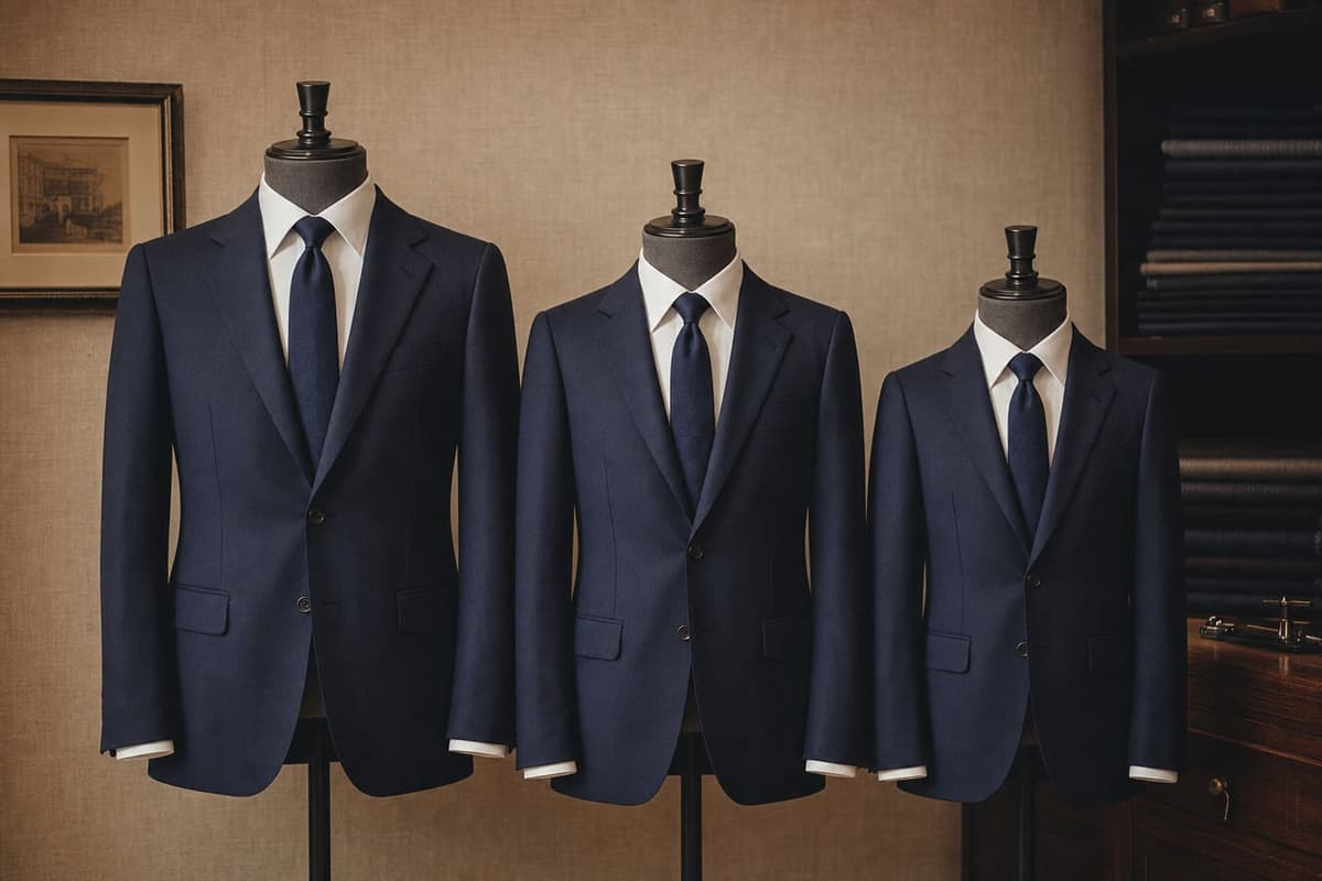 Three navy suits in graduated sizes arranged in a line on dress forms, implying a family of siblings