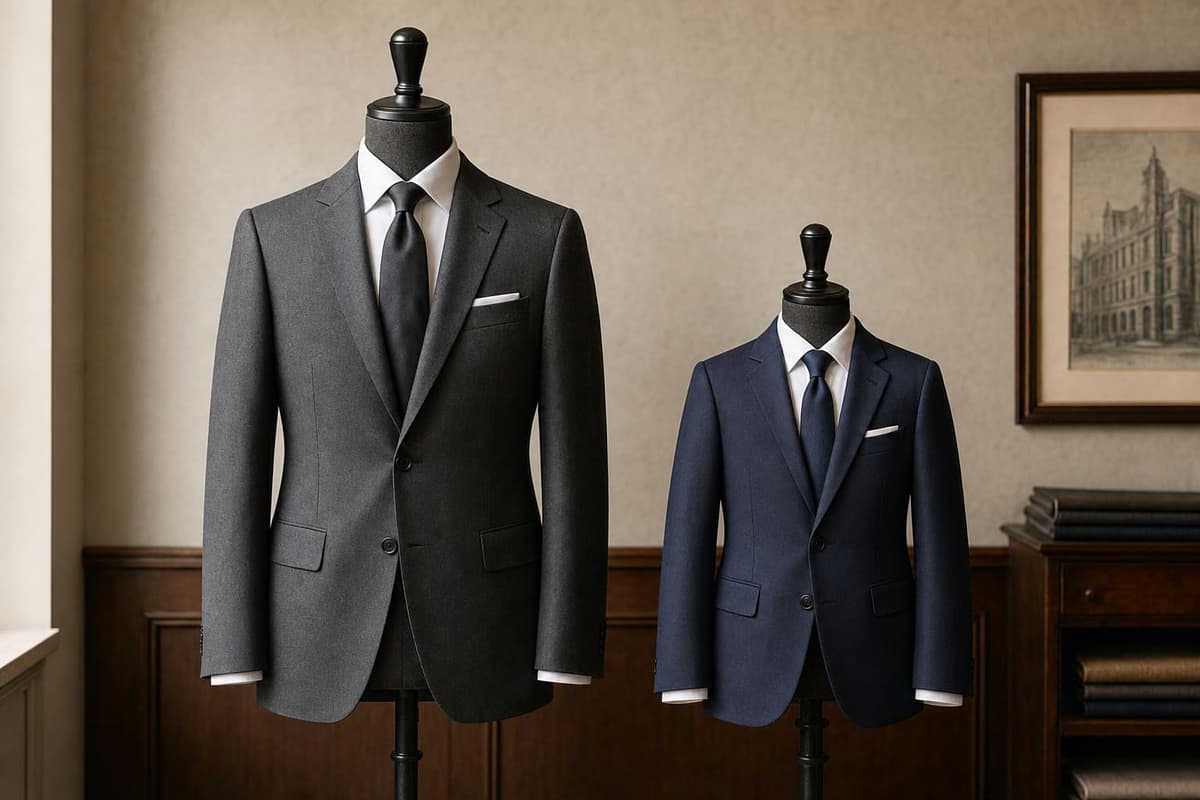 A father's charcoal suit and a smaller navy Bar Mitzvah suit displayed side by side on tailor's dress forms