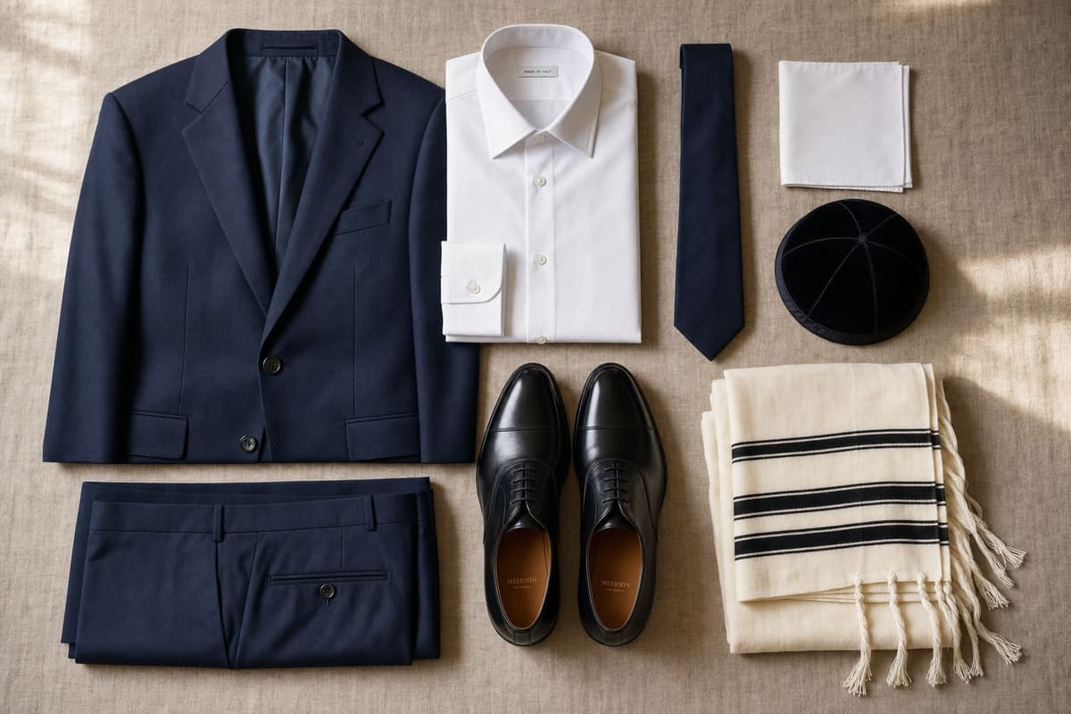 A flat-lay of a complete Bar Mitzvah outfit — navy suit, white shirt, tie, pocket square, polished black shoes, folded tallit and a kippah