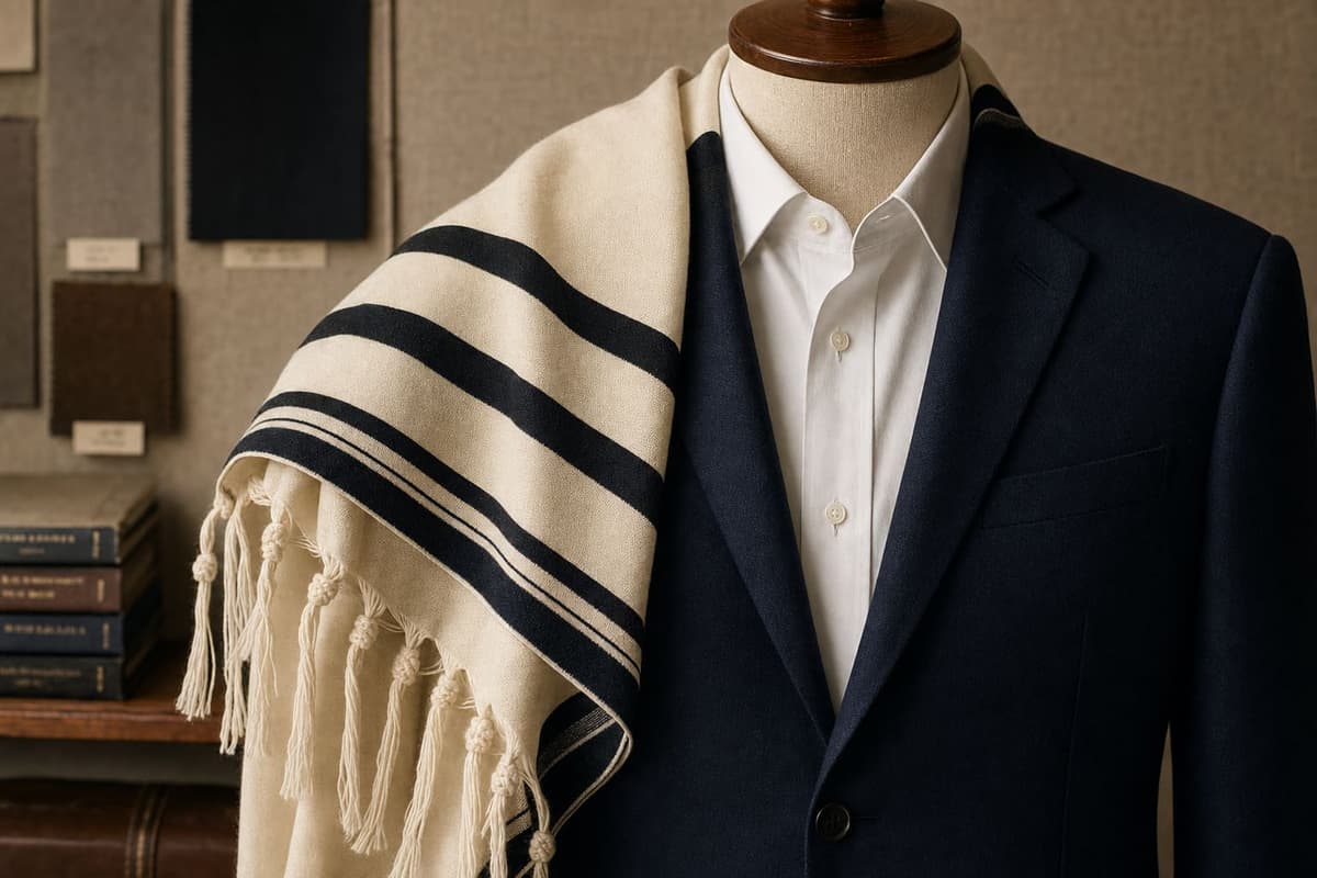 A folded tallit prayer shawl with classic stripes and tzitzit fringes draped over the shoulder of a navy suit jacket